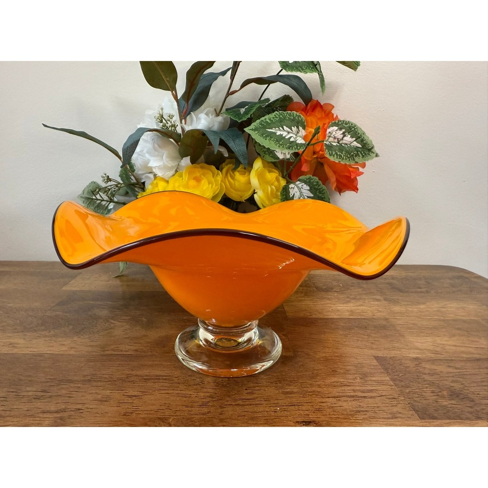 Vintage MCM Orange Art Glass Pedestal Bowl Retro Ruffled Compote Centerpiece‎